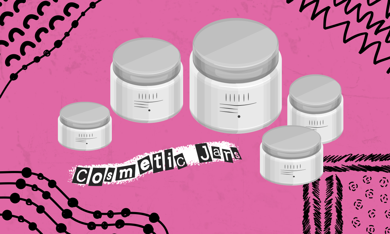 Graphics of plastic cosmetic jars on a pink background