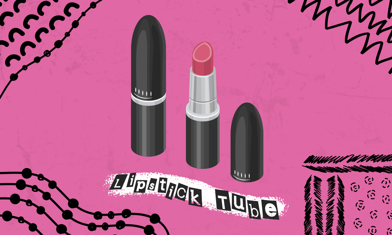 Graphics of plastic cosmetic lipstick tubes on a pink background