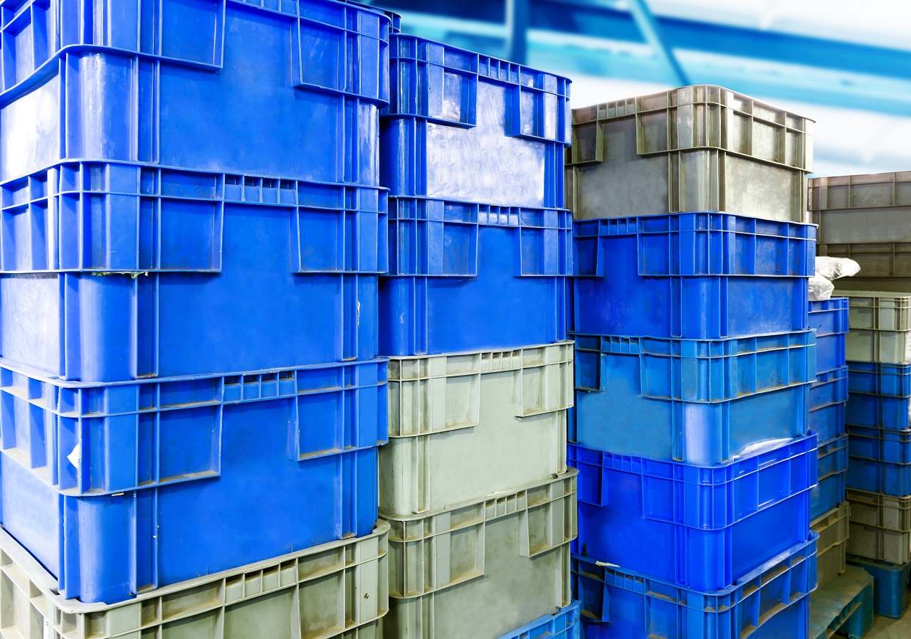 Bright plastic crates stacked up on top of each other