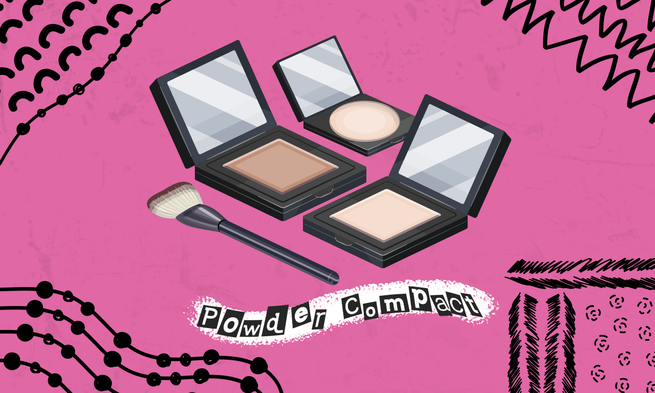 Graphics of plastic cosmetic powder compact on a pink background