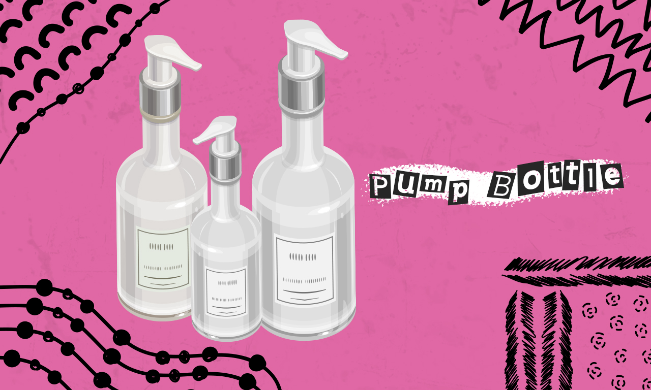 Graphics of plastic cosmetic pump bottles on a pink background