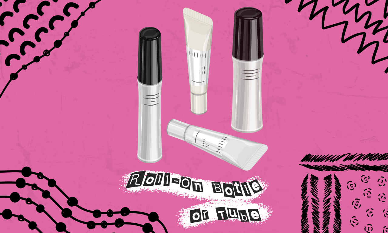 Graphics of plastic cosmetic roll-on bottles and tubes on a pink background