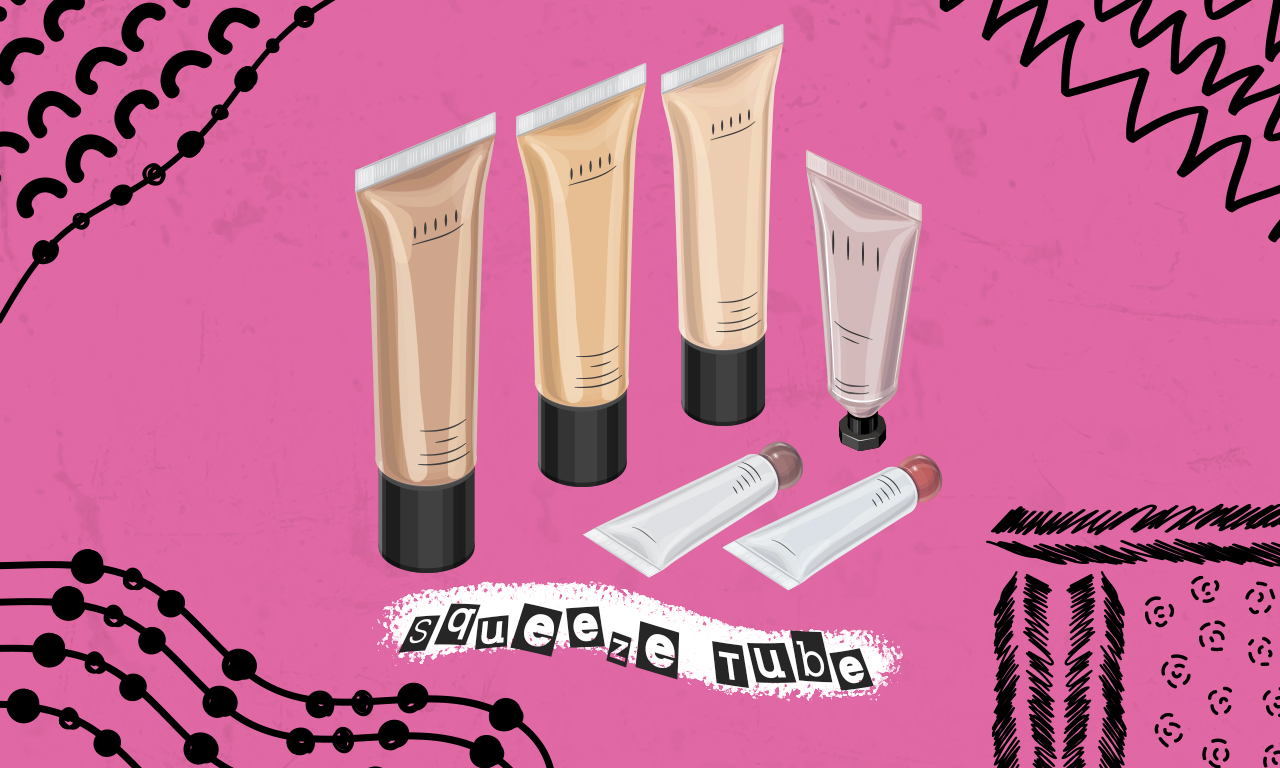 Graphics of plastic cosmetic squeeze tubes on a pink background