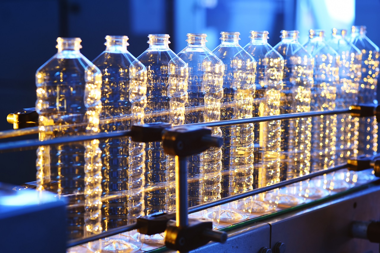 A conveyor line of plastic bottle production