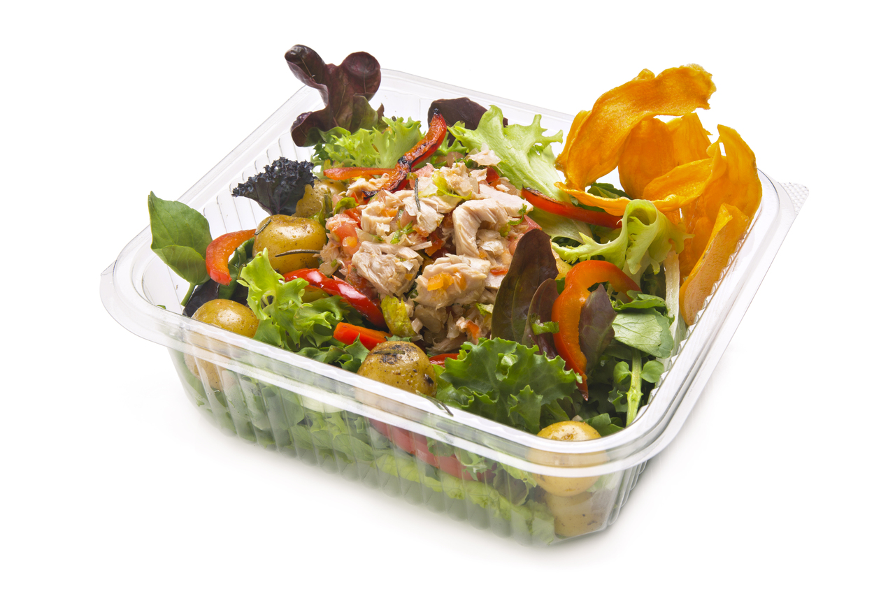 Plastic take out container made through thermoforming