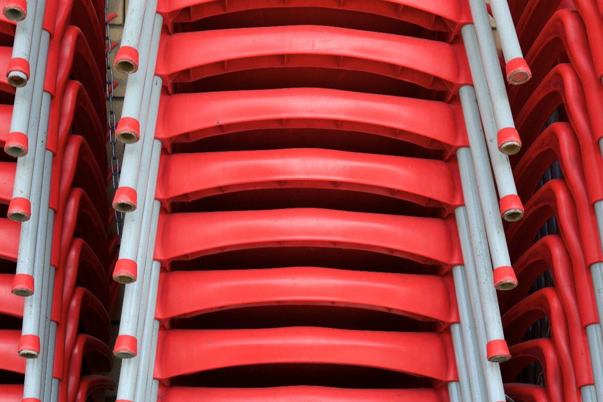 Stacked final product of injection molded chairs