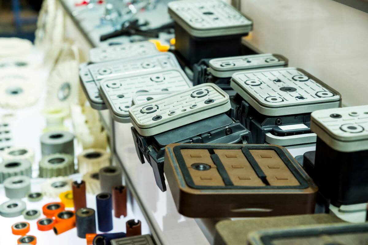 Industrial molded components and machine parts displayed on a production workbench in a manufacturing plant.
