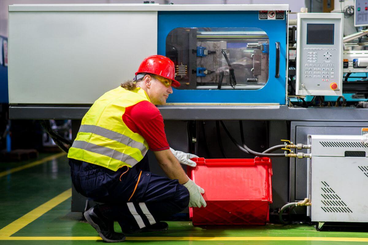 Industrial worker handling a large plastic storage bin beside an injection molding machine in a factory environment.