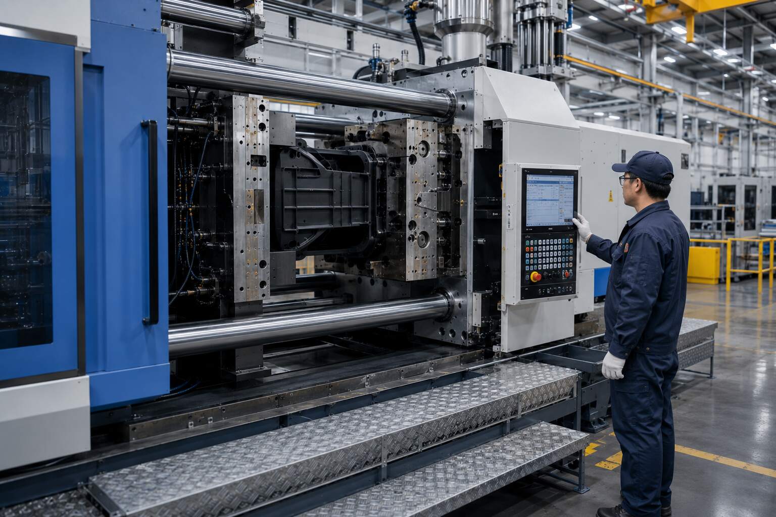 Industrial worker operating a large injection molding machine inside a modern manufacturing facility with automated control systems.