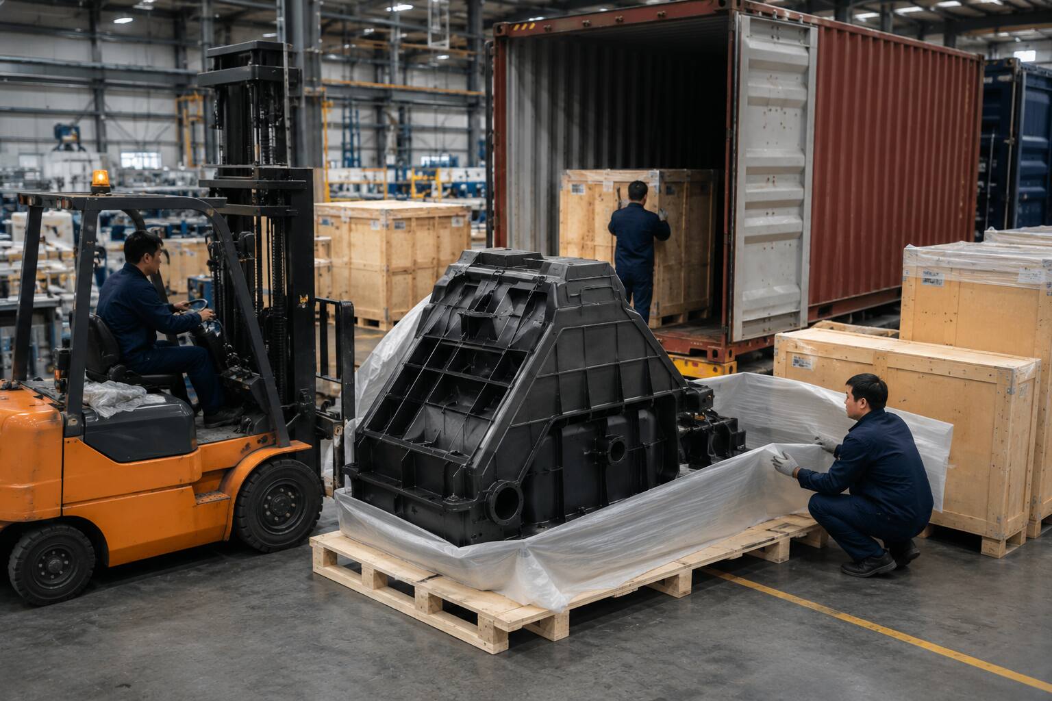 Factory workers preparing and loading a large industrial molded component into a shipping container using a forklift in a warehouse environment.