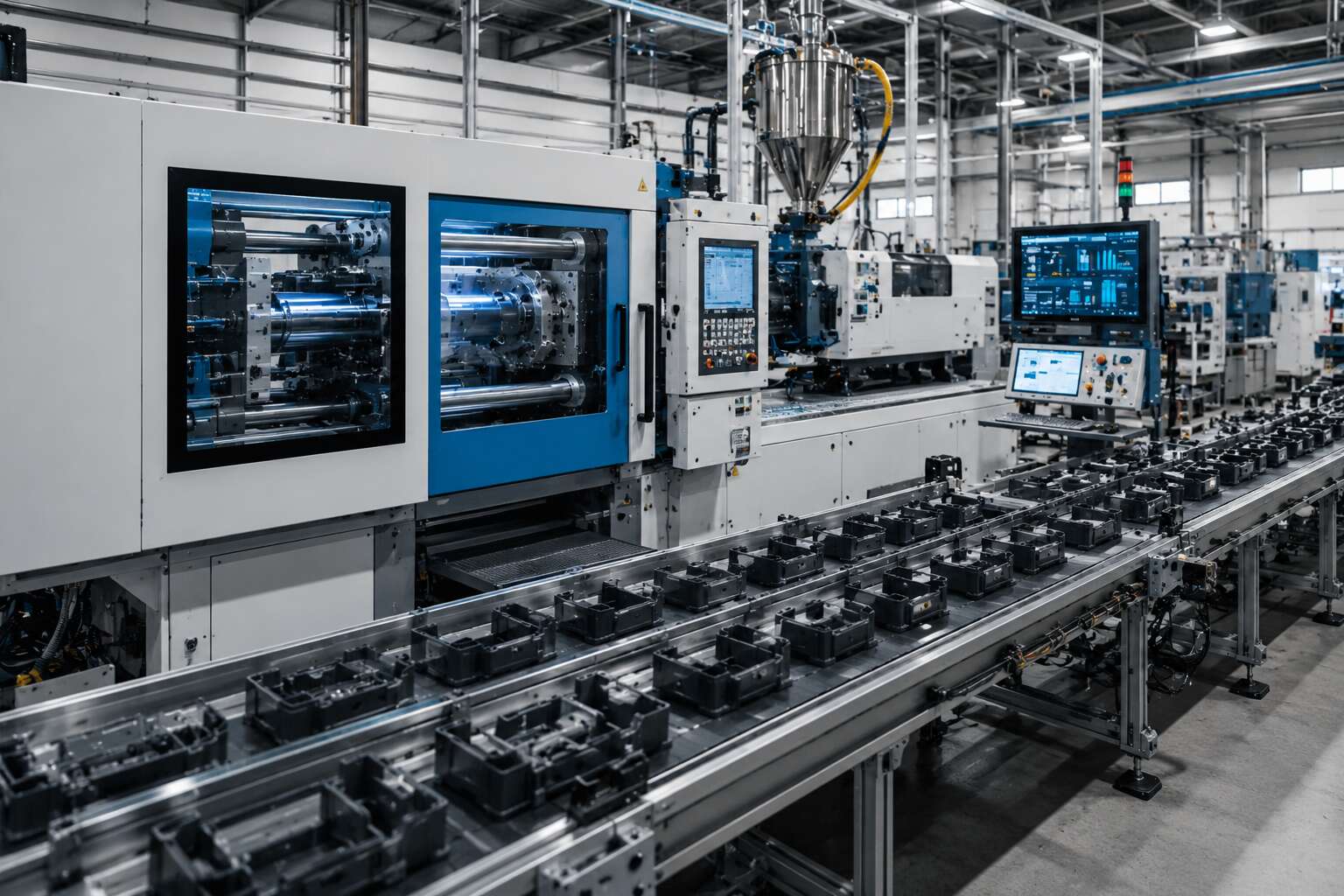 Automated injection molding production line manufacturing industrial plastic components inside a high-tech factory facility.