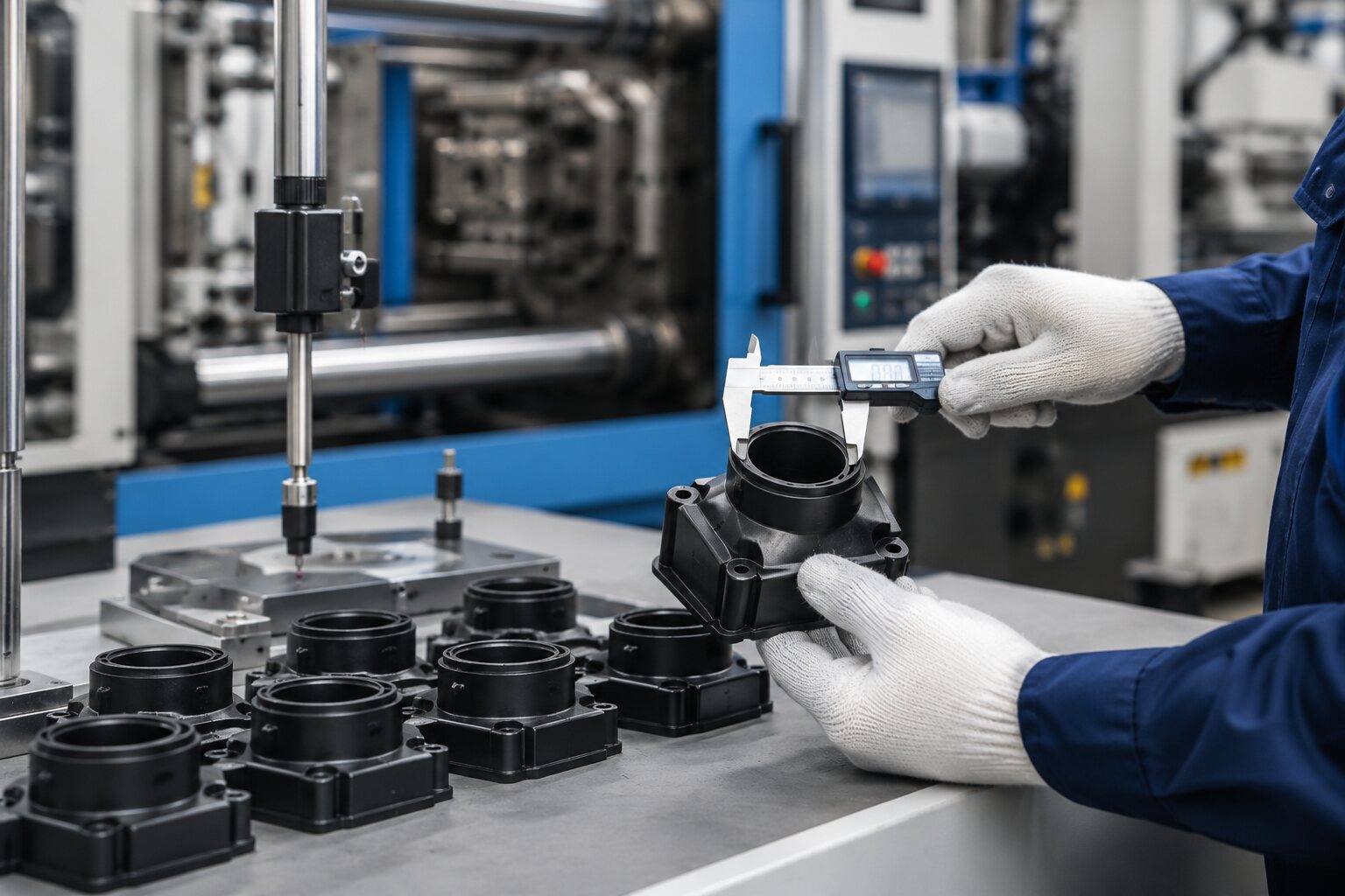 Factory technician using a digital caliper to inspect and measure precision-molded industrial plastic components for quality control.