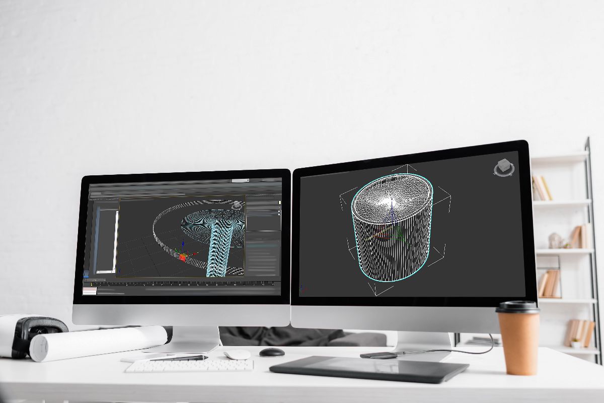 Dual computer monitors displaying 3D CAD modeling software for industrial plastic product and mold design.