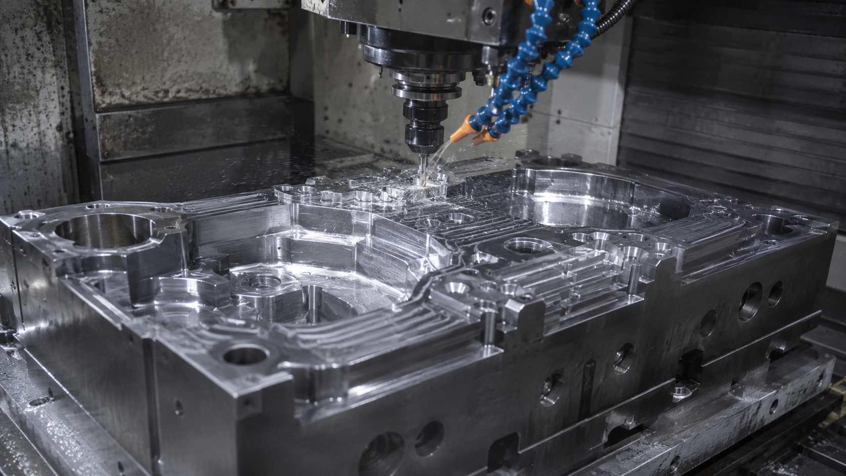 CNC machine milling a large steel injection mold base with coolant applied during machining