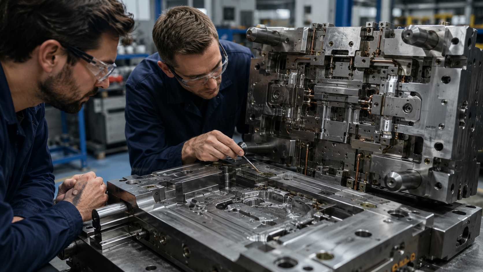 Two engineers examining the internal components and precision features of an injection mold