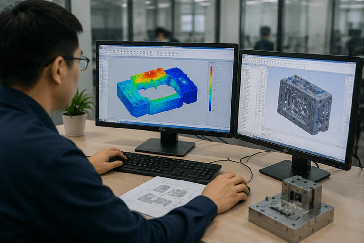 Engineer reviewing mold flow analysis and injection mold designs on dual computer monitors