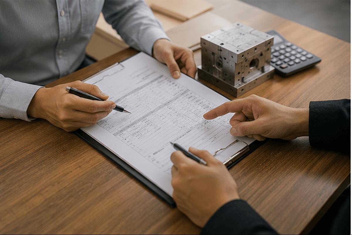 Procurement team reviewing an injection molding quotation beside a sample metal mold and calculator