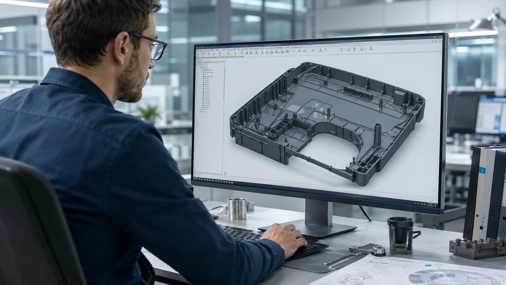 Engineer reviewing the CAD design and internal rib structure of a large injection-molded plastic component