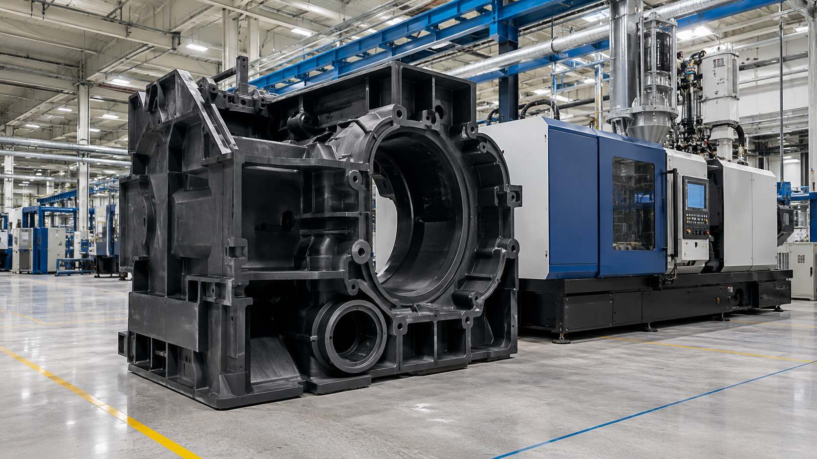 Large injection-molded industrial component displayed beside a high-tonnage injection molding machine