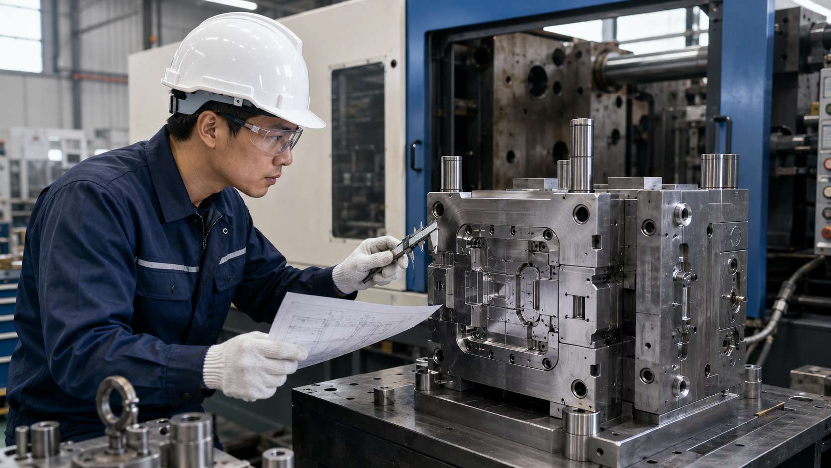 Technician measuring an injection mold while reviewing technical drawings near a high-tonnage molding machine