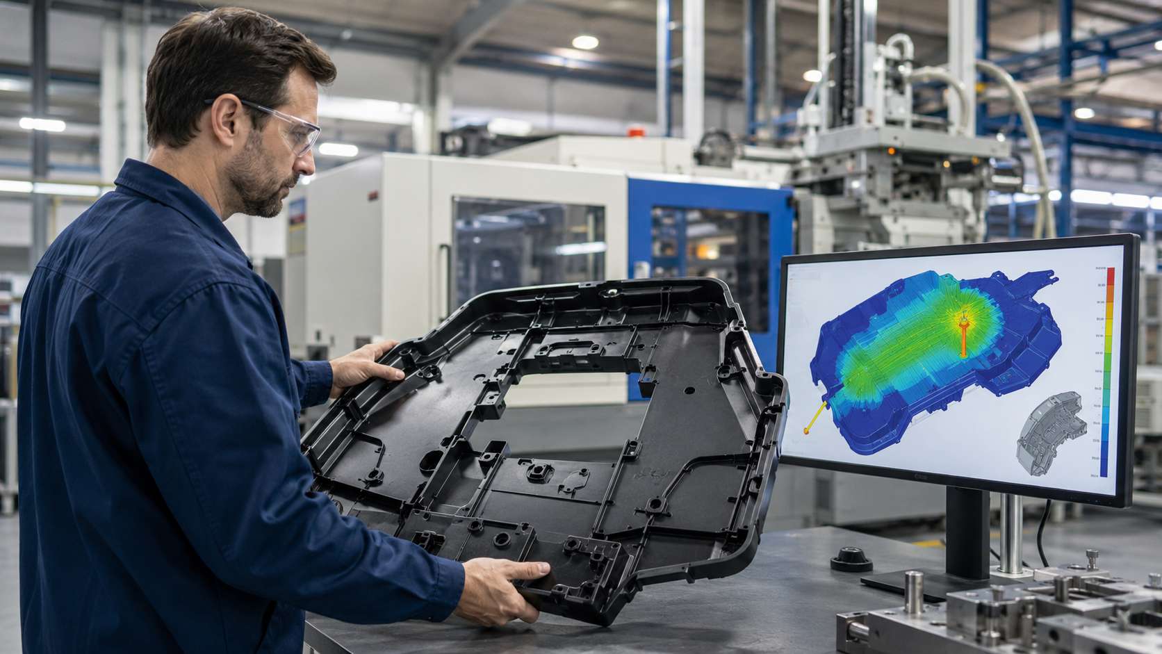 Engineer inspecting a large injection-molded component beside a monitor displaying mold flow analysis